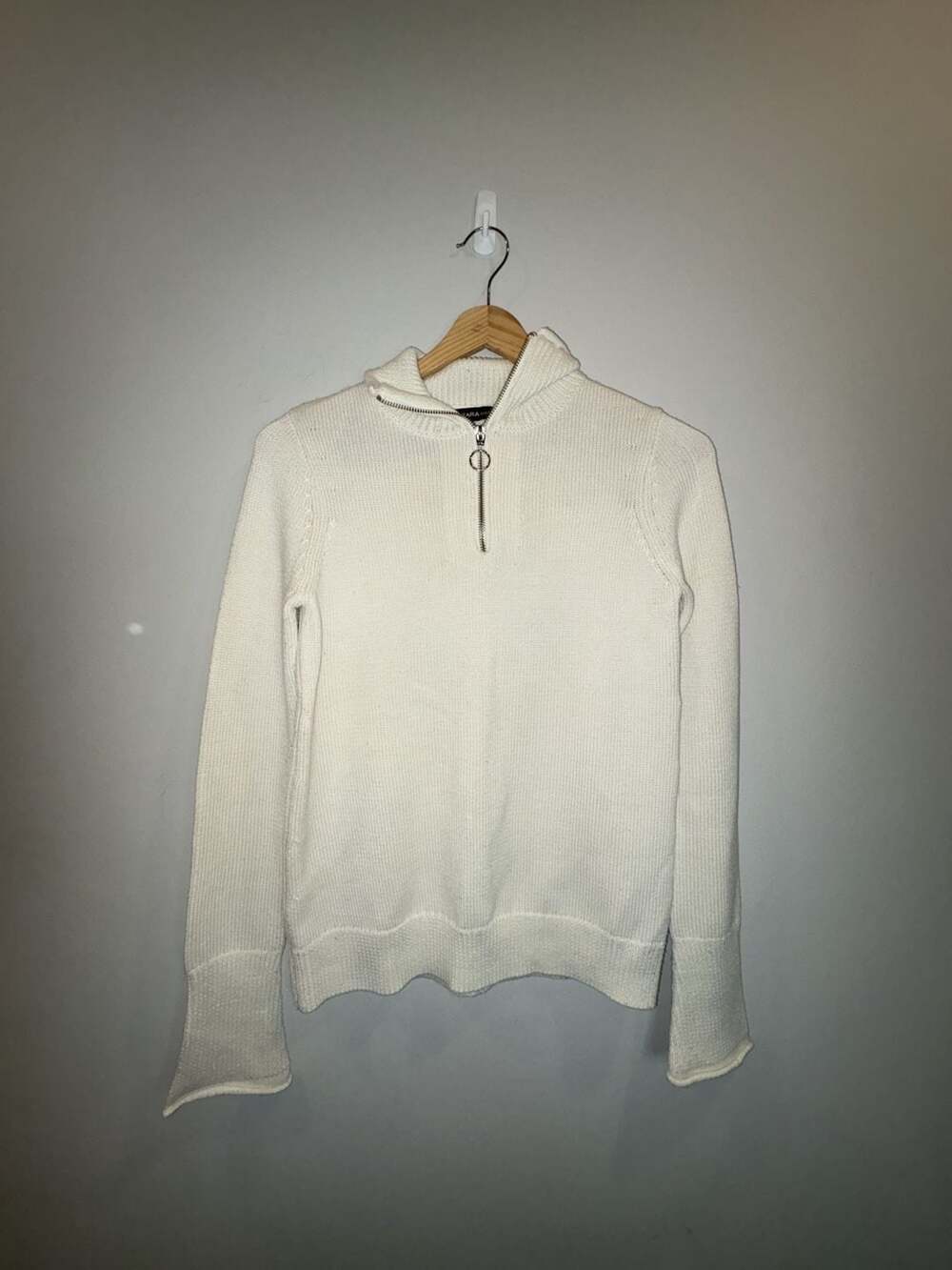 Zara Knit Women's Cream Ribbed Quarter-Zip Pullover Sweater with O-Ring Zipper